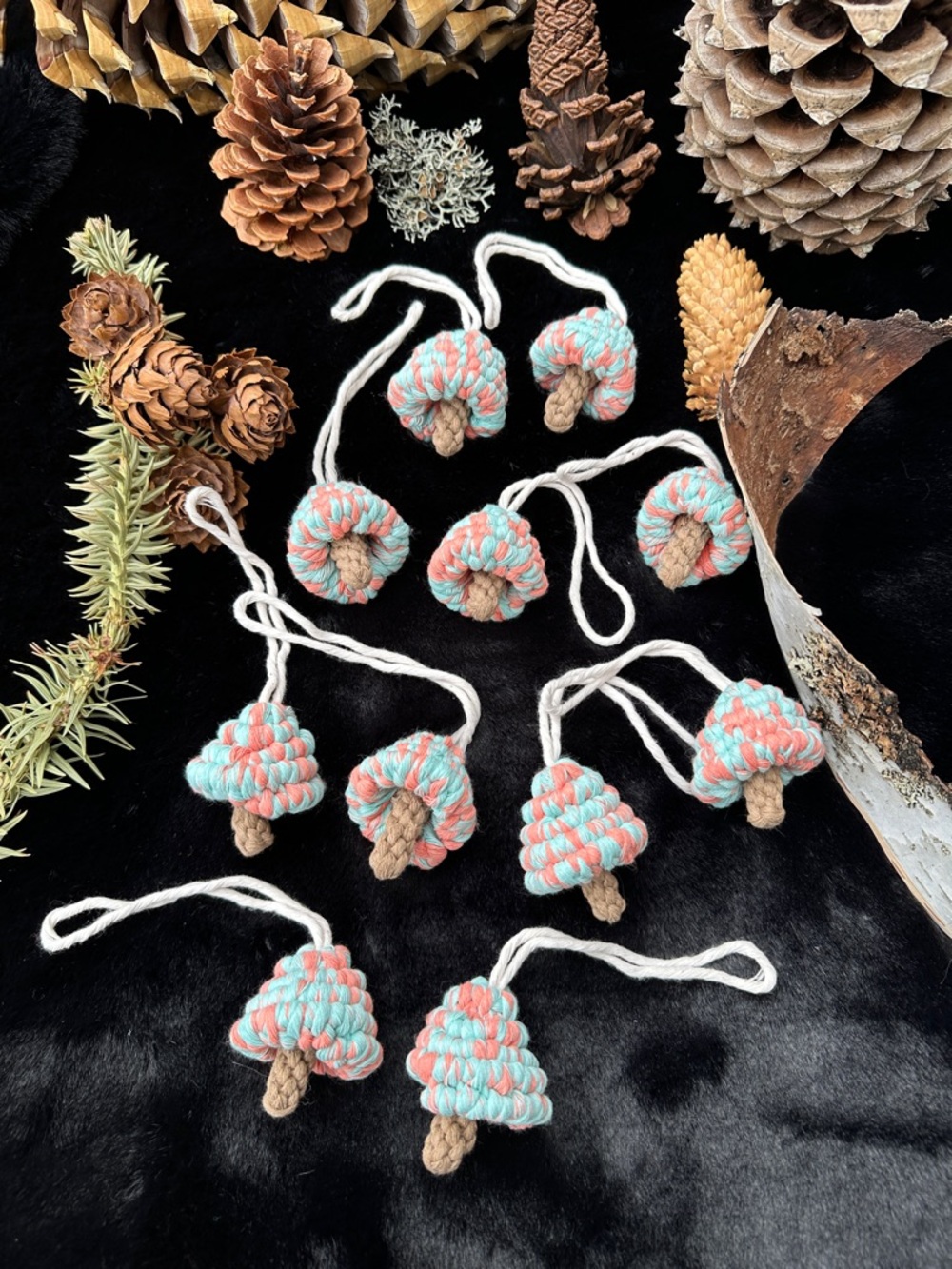 Handmade Macrame Mini Tree Ornaments in Mint & Coral